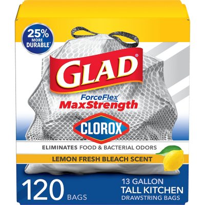 Glad ForceFlex Müllbeutel für hohe Kücheneimer mit Clorox, Zitronenfrischer Bleichmittelduft 13 Gallonen, 120 Stk.