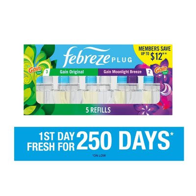 Febreze Duftstecker Lufterfrischer, Gain Original + Gain Moonlight Breeze, 5 Nachfüllpackungen, 129 ml