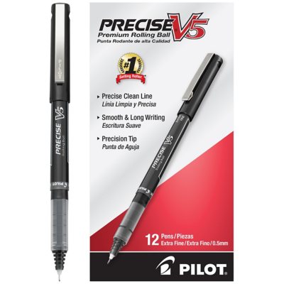 Pilot - Precise V5 Roller Ball Stick Pen, Needle Pt, Black Ink, 0.5mm Extra Fine - Dozen
