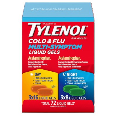 Tylenol Erkältung + Grippe Multi-Symptom Flüssigkeits-Gele, Tag/Nacht, 72 Stk.
