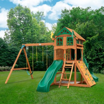 Gorilla Playsets Avalon Holzschaukel-Set mit Holzdach und Twister-Rutsche