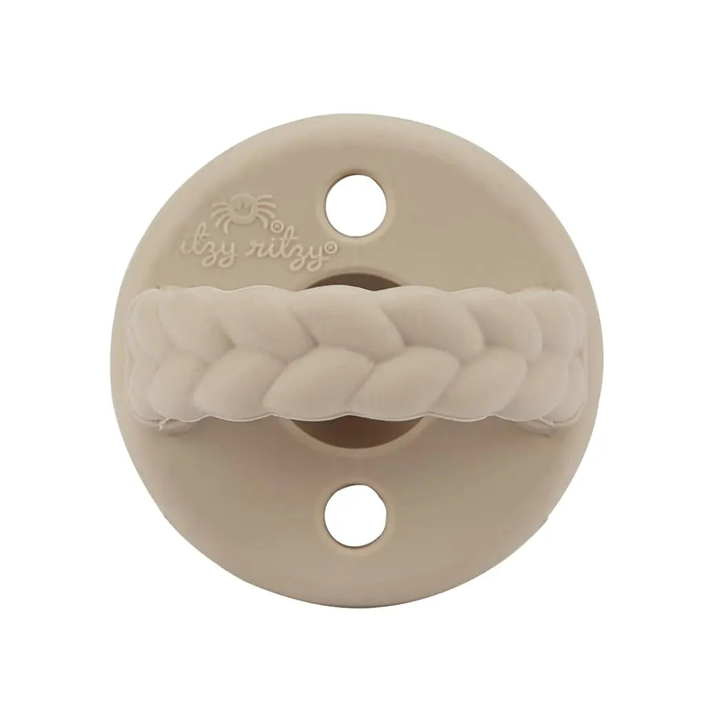 Itzy Ritzy Silicone Pacifiers for Ages 6-18 Months - Itzy Soother Pacifiers Feature Collapsible Handle & Two Air Holes for Added Safety; Set of 2 in Toast & Buttercream, Ages 6-18 Months