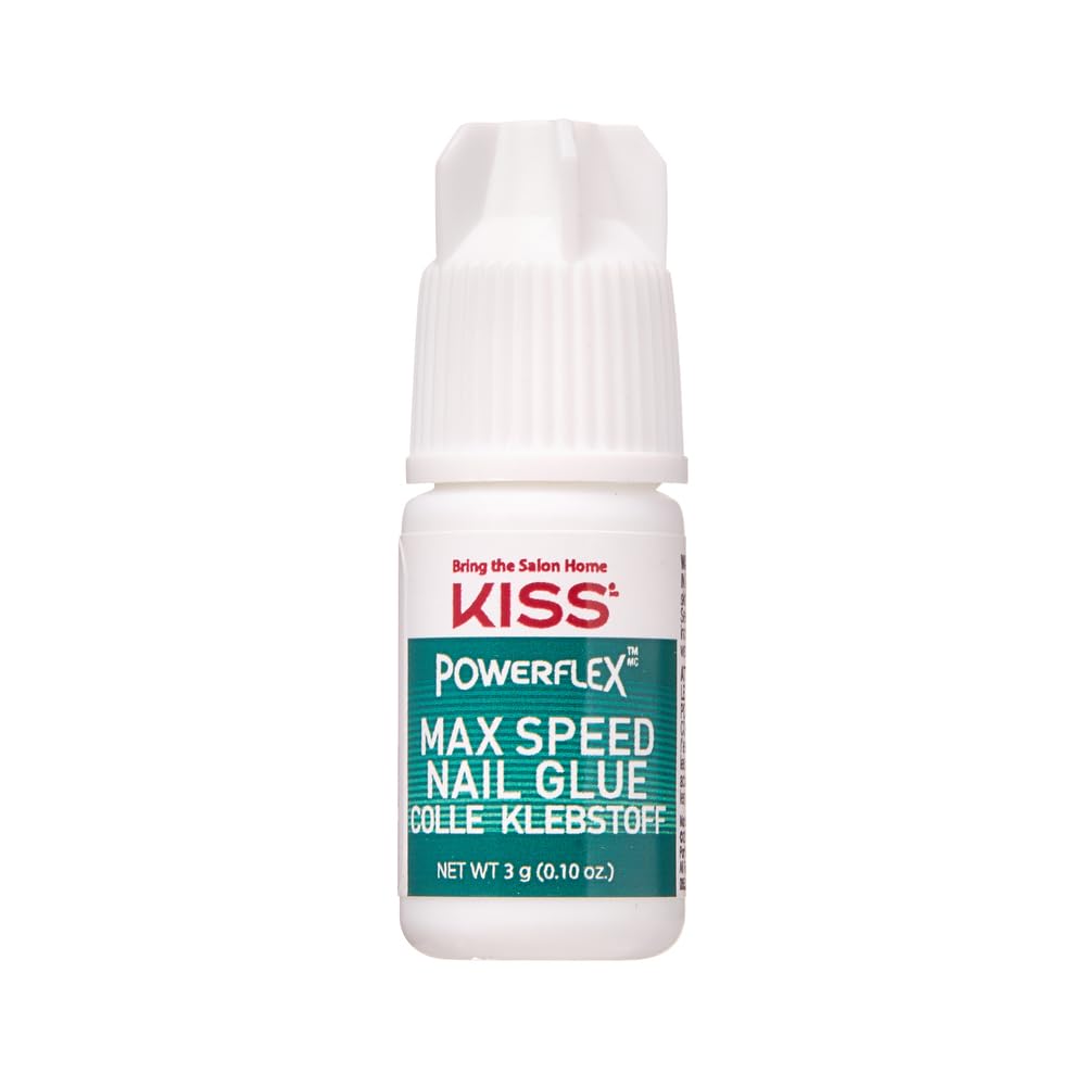KISS PowerFlex Maximum Speed Nagelkleber für Press-On-Nägel, superstarke Flex-Formel, Nagelkleber, enthält eine Flasche 3g (0,10 oz.) mit Schraubverschluss und Düsenspitzen-Quetschapplikator