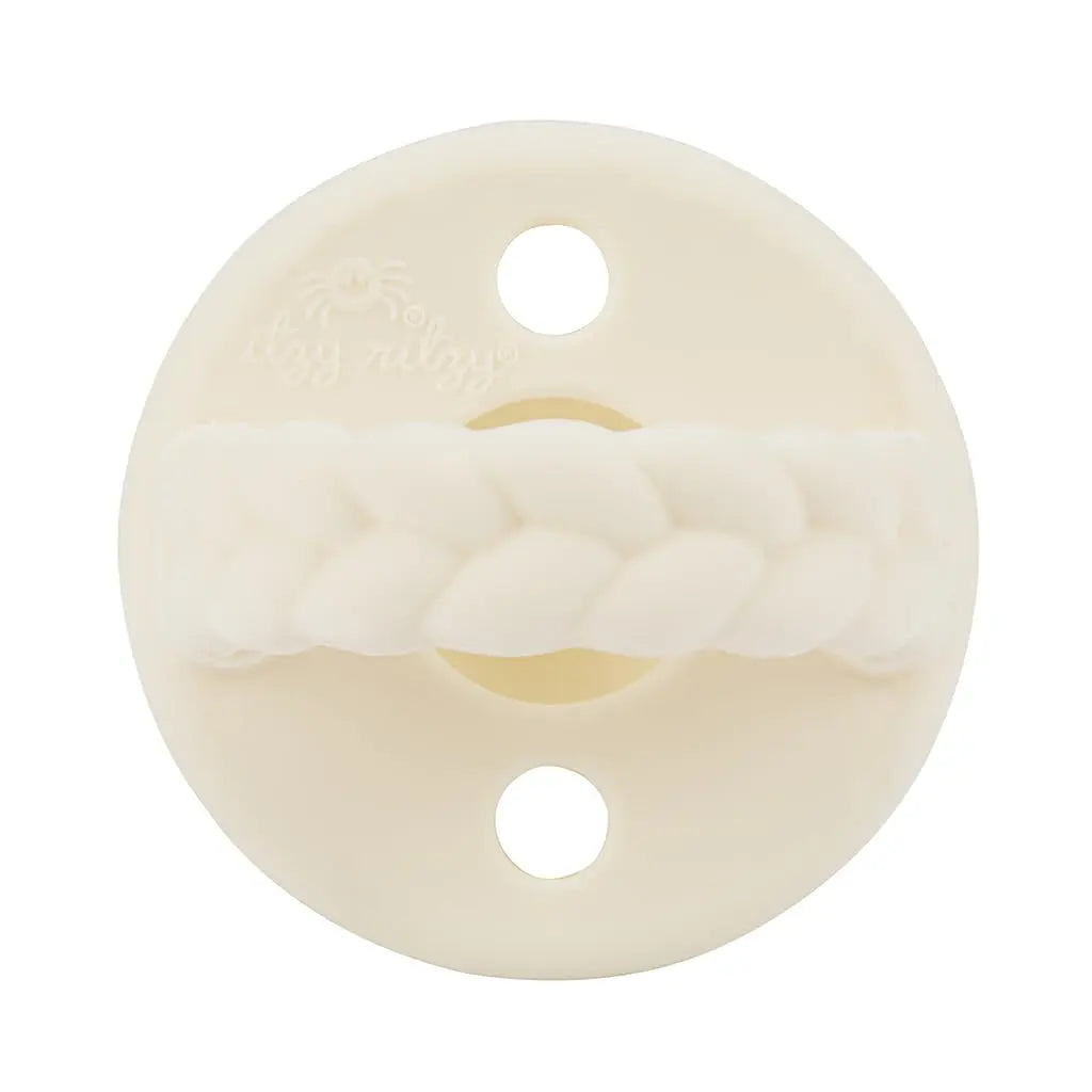 Itzy Ritzy Silicone Pacifiers for Ages 6-18 Months - Itzy Soother Pacifiers Feature Collapsible Handle & Two Air Holes for Added Safety; Set of 2 in Toast & Buttercream, Ages 6-18 Months