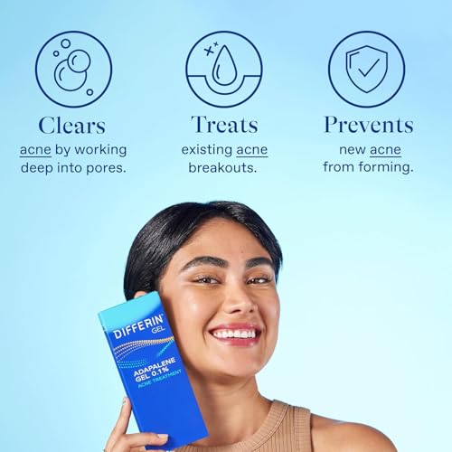 Differin Acne Treatment Gel, 30 Day Supply, Retinoid Treatment for Face with 0.1% Adapalene, Gentle Skin Care for Acne Prone Sensitive Skin, 15g Pump (Packaging May Vary)