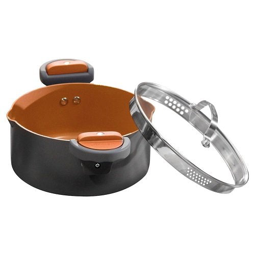 GOTHAM STEEL 5 Qt Ceramic Stock Pot Multipurpose Pasta Pot with Strainer Lid & Twist and Lock Handles, Nonstick Ceramic for Soup, Spaghetti, Rice, Pots for Kitchen, Dishwasher Safe - Copper