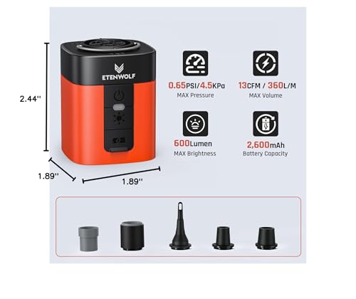 ETENWOLF AIR 3 Air Pump for Inflatables with 2600 mAh Battery & Camping Light, Ultra-Fast and Mini Electric Air Pump, Inflate Deflate for Air Mattress, Pool Floats, Vacuum Storage Bags