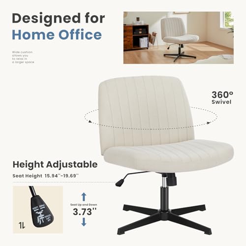 DUMOS Criss Cross Chair Legged Office Wide Comfy Desk Seat, No Wheels Armless Computer Task Seating, Swivel Comfy Vanity Fabric Modern Home Height Adjustable