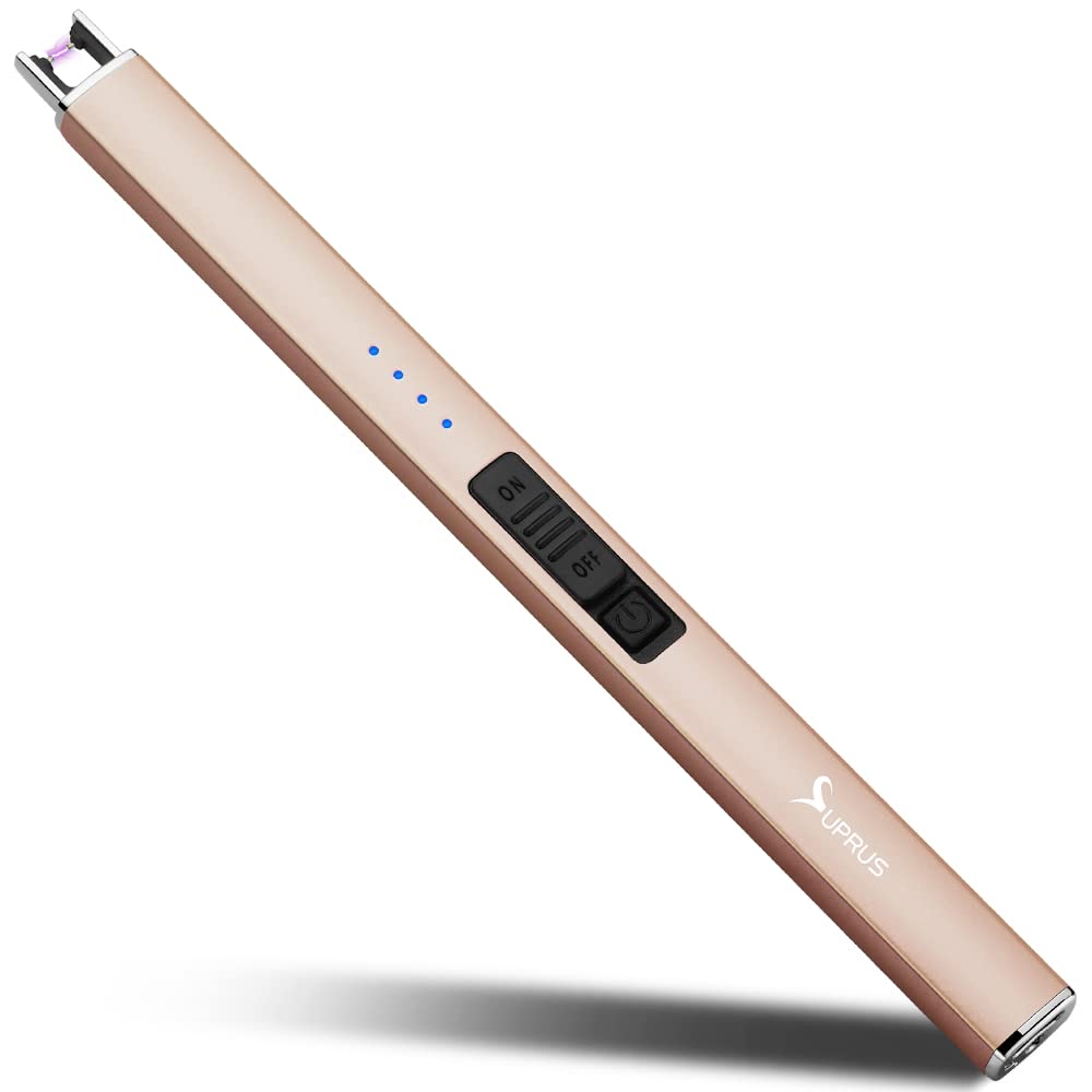 SUPRUS Electric Lighter Arc Windproof Flameless USB Rechargeable Lighter with Safety Lock for Candle BBQ Camping (Champagne Gold)