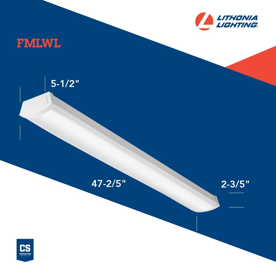 Lithonia Lighting 4 Foot LED Light Fixture, Low-Profile LED Wraparound Flush Mount Ceiling Light, 4000K Cool White, 120V, 48-Inch (FMLWL 48 840)