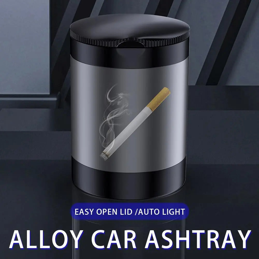 Tmengdao Ashtray with Lid,Smokeless Ashtray for Cup Holder Smell Proof,Detachable Stainless Steel Car Ash Tray with LED Auto Light, for Most Car, Office, Home (Grey)