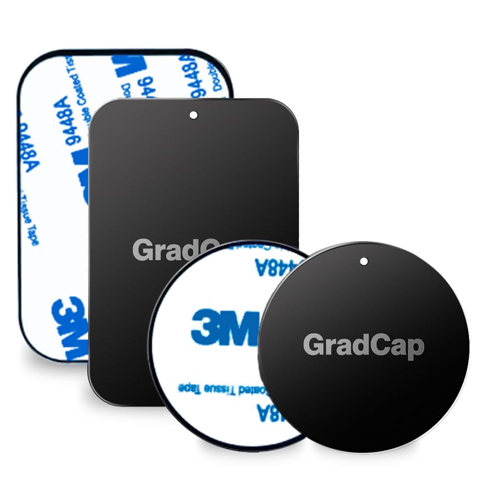 GradCap Metallplatte für magnetische Telefonhalterung – 4er-Pack universelle ultradünne schwarze Metallscheibe mit starkem 3M-Klebeaufkleber – Ersatz-Zubehörset – 2 rechteckige (4,45 x 6,35 cm) und 2 runde (3,81 x 3,81 cm)