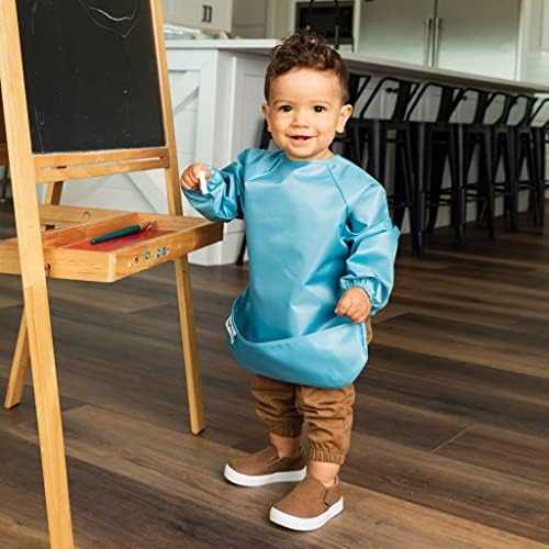 Tiny Twinkle Mess Proof Baby Bibs, 2pk Waterproof Smock Baby Bibs for Eating, Machine Washable Long Sleeve Bibs, Baby Led Weaning, Toddler Bibs, BLW Supplies (Slate Olive, Small 6-24 Months)