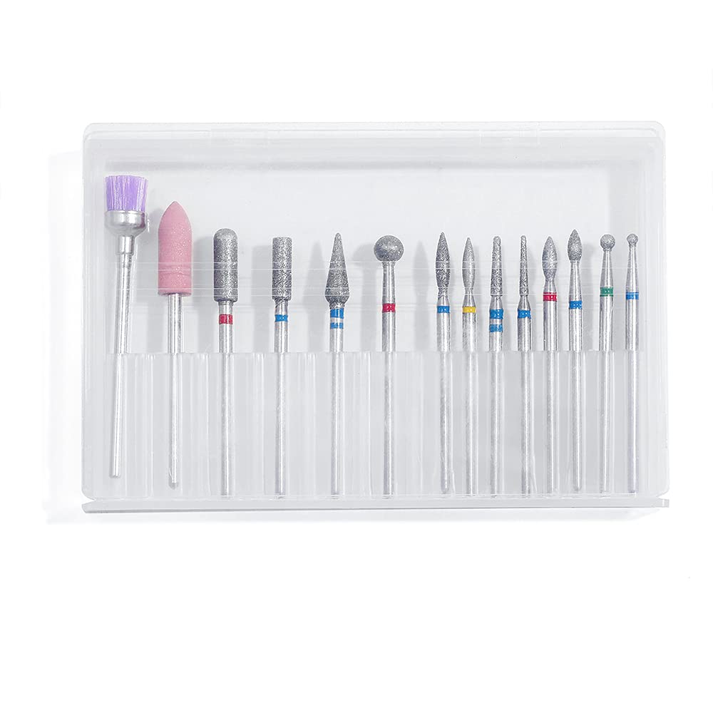 ERUIKA 14pcs Nail Drill Bits Set, Professional Rotary Burrs Diamond Cuticle Remover Bits Kit, 3/32" Electric Manicure Nail File Bit for Acrylic Gel Nails Cuticle Manicure
