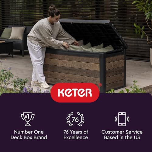 Keter Kentwood 348L Gartenbox aus Kunststoff – Aufbewahrungsbox für Gartenmöbel, Outdoor-Kissen, Zierkissen, Gartengeräte und Poolzubehör, Braun