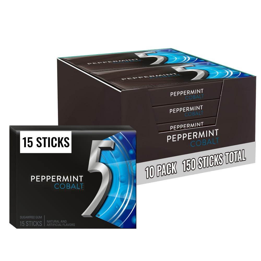 5 GUM Pfefferminz Cobalt Zuckerfreier Kaugummi Großpackung, Stimulieren Sie Ihre Sinne beim Hören Ihrer Lieblingsmusik, Mini-Handtaschen-Essentials, 15 Sticks (10er-Pack)