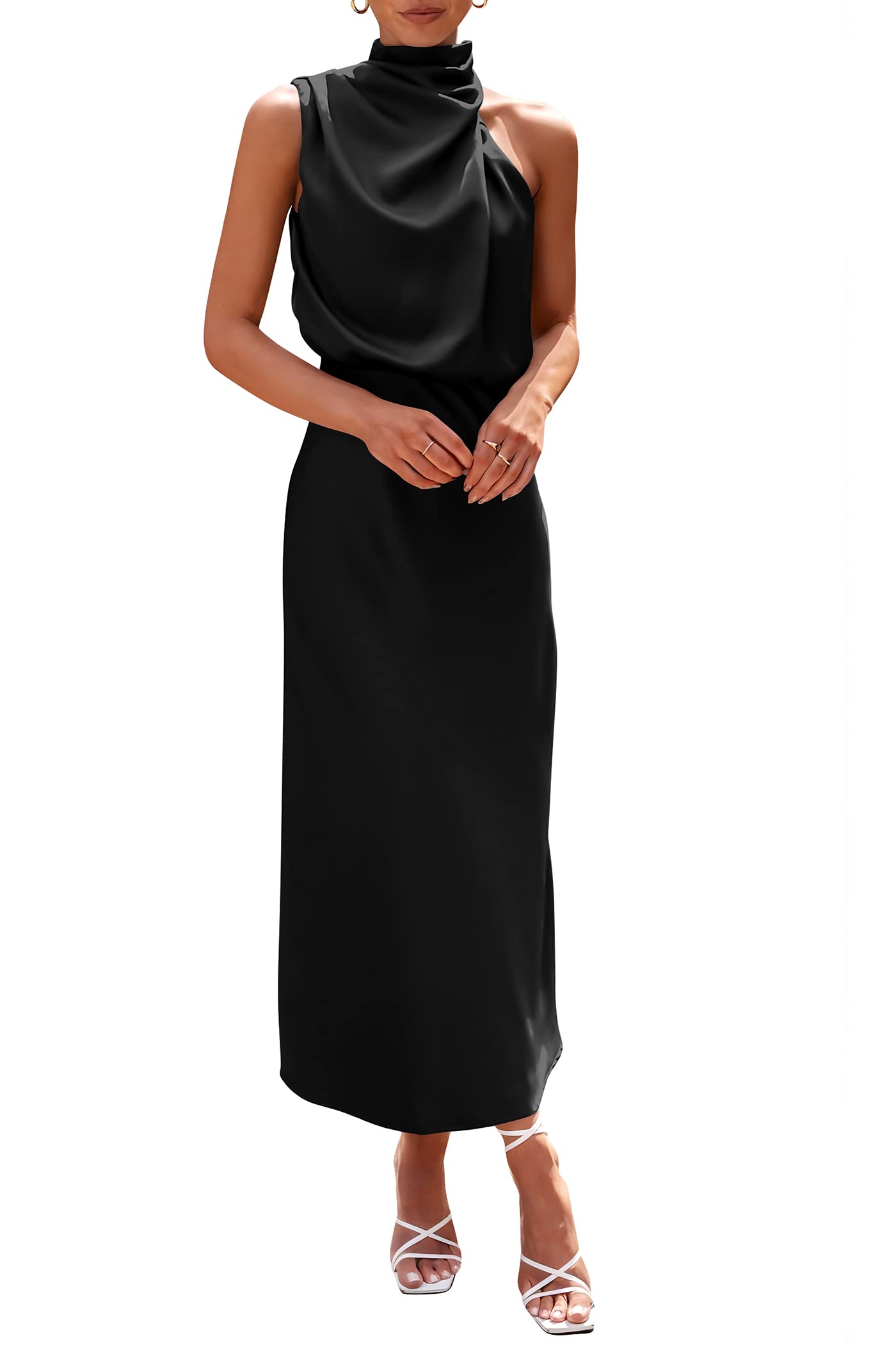 PRETTYGARDEN Women's 2025 Summer Satin Dress Elegant Sleeveless Mock Neck Cocktail Party Maxi Dresses (Black,Medium)