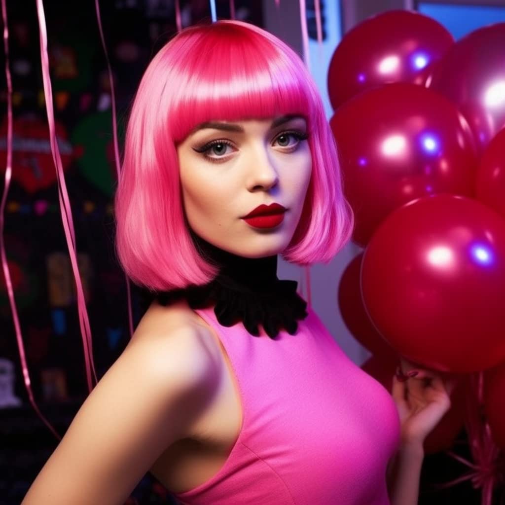 LIULIUBTY Short Bob Hair Wigs Straight with Flat Bangs Synthetic Colorful Cosplay Daily Party Neon Wig for Women + Free Wig Cap 14" Natural As Real