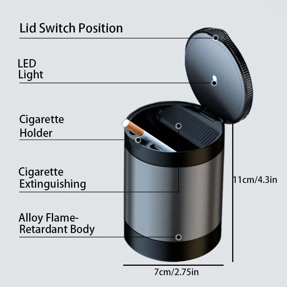 Tmengdao Ashtray with Lid,Smokeless Ashtray for Cup Holder Smell Proof,Detachable Stainless Steel Car Ash Tray with LED Auto Light, for Most Car, Office, Home (Grey)
