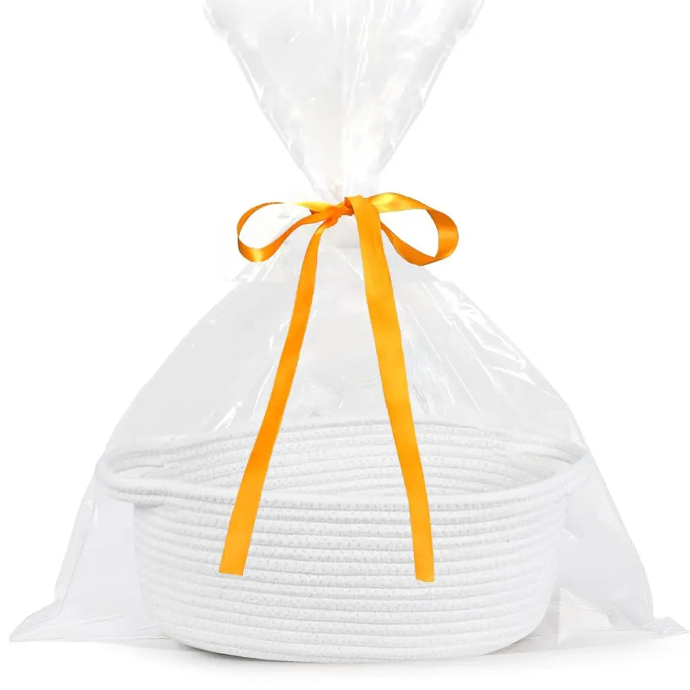 ABenkle Small Basket with Gift Bags and Ribbons, Empty Gift Baskets, Decorative Boho Rope Woven Nursery Storage Organizer Toy Baskets with Handle for Baby Showers, 12"X 8" X 5"