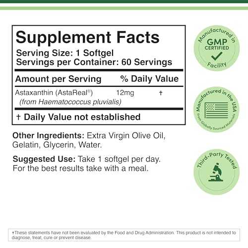 Astaxanthin 12mg Max Strength (Only Patented Astaxanthin (Astrareal) with 70+ Human Clinical Trials - World's Most Studied Brand) Grown, Harvested, and Made in The USA (Astaxantina) by Double Wood