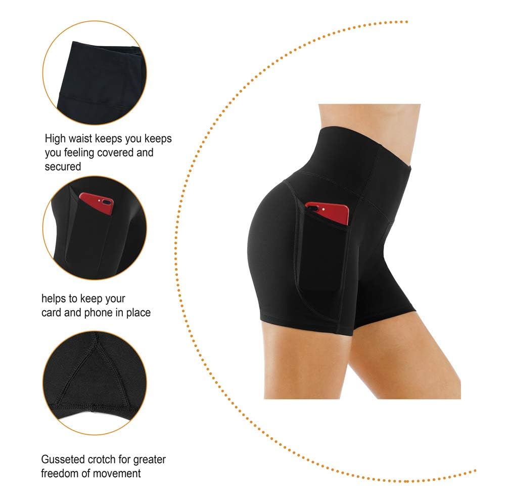 THE GYM PEOPLE High Waist Yoga Shorts for Women Tummy Control Fitness Athletic Workout Running Shorts with Deep Pockets (Medium, Black)