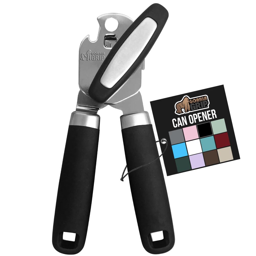 GORILLA GRIP Robuster manueller Dosenöffner und Flaschenöffner aus Edelstahl mit glattem Rand, weicher, komfortabler Griff, übergroßer Drehknopf, in den USA entwickeltes multifunktionales Küchenwerkzeug, Schwarz