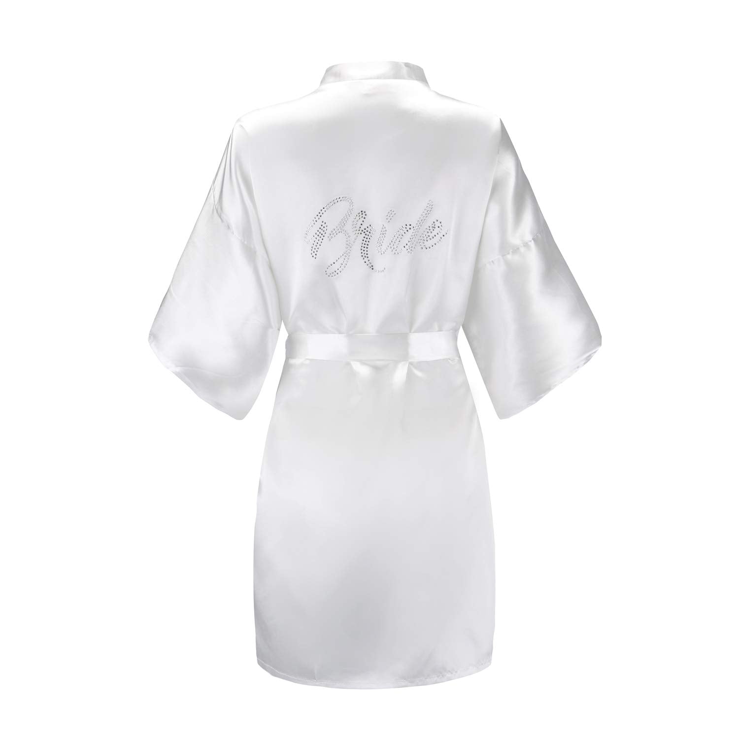 EPLAZA Damen Einheitsgröße Silber Strass Braut Brautjungfer Kurze Satin Morgenmäntel für Hochzeitsfeier Vorbereitung (Weiß, Braut)