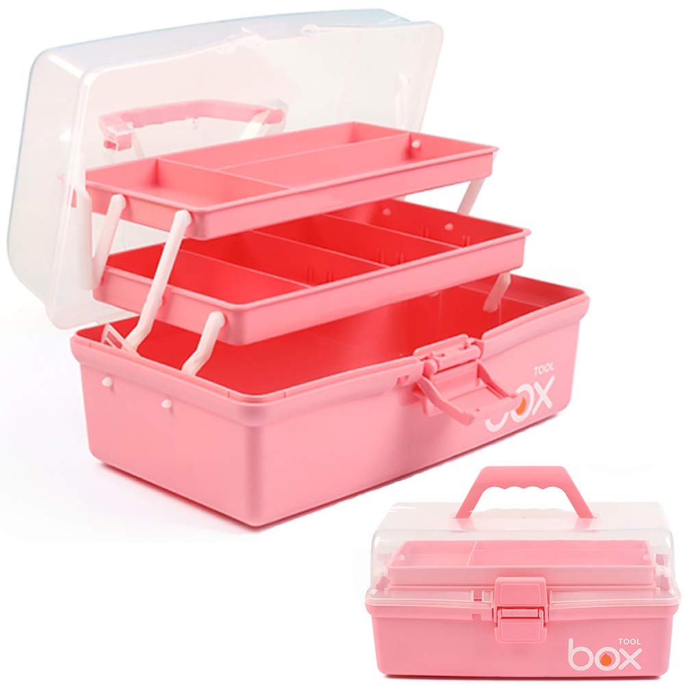 TERGOO 12 Zoll dreischichtige Mehrzweck-Aufbewahrungsbox, Organizer, faltbarer Werkzeugkasten/Kunst- und Bastel-Koffer/Organizer für Nähzubehör/Erste-Hilfe-Organizer für die Familie/Medikamentenaufbewahrung mit 2 Ablagen (Pink)