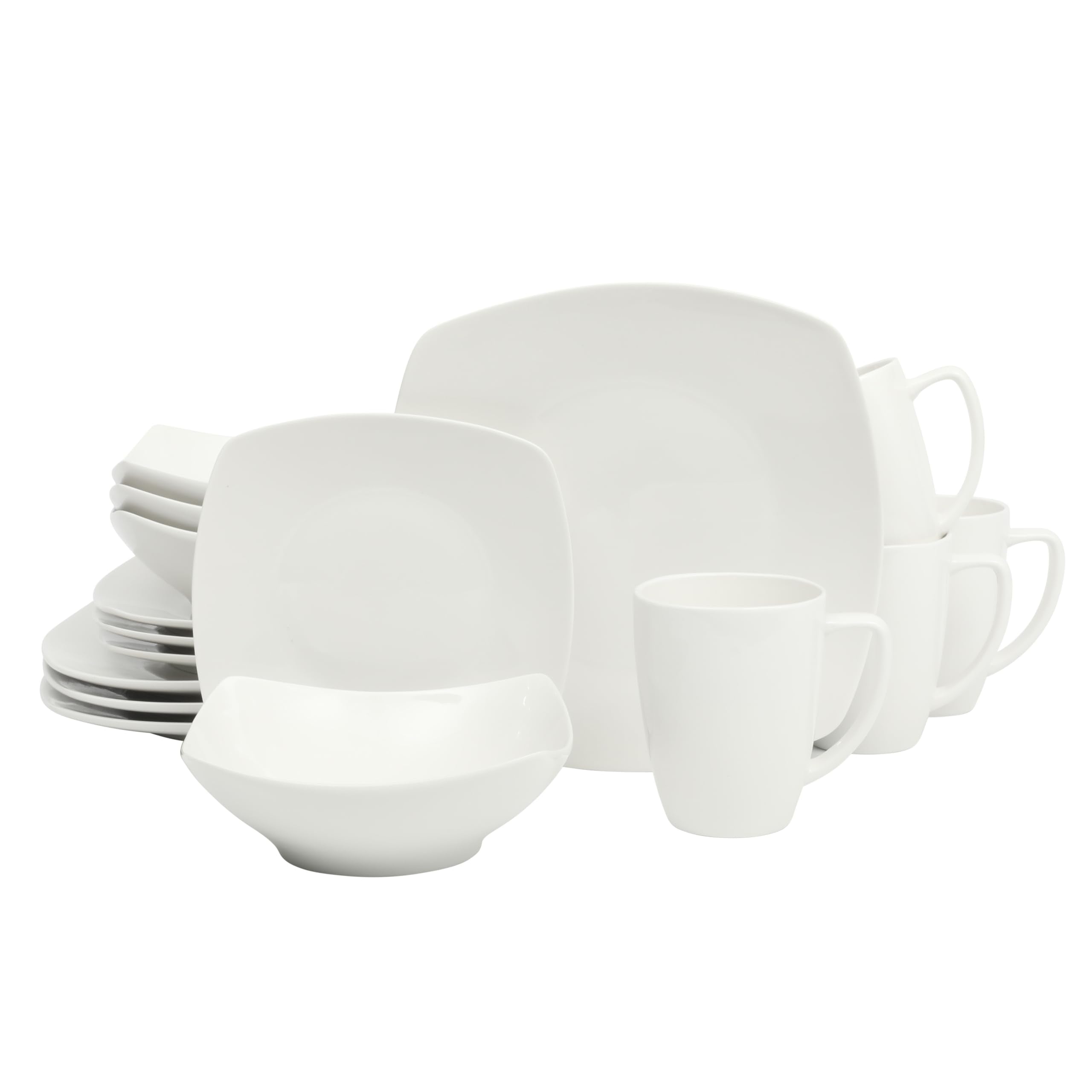 Gibson Home Zen Buffet Porzellan, chip- und kratzfestes Geschirrset aus Tellern, Schalen und Tassen, Service für 4 (16-teilig), Weiß (eckiges Geschirr)