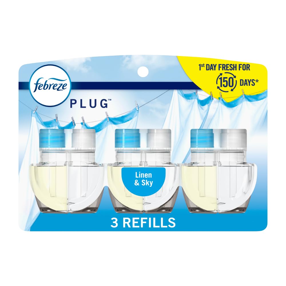 Febreze Plug In Lufterfrischer, Geruchsneutralisierender Duftöl-Nachfüller, Lufterfrischer für Zuhause, Bad und Küche, lang anhaltend bei starken Gerüchen, Duft Leinen & Himmel, 0,87oz Nachfüller, 3 Stück (1er Pack)