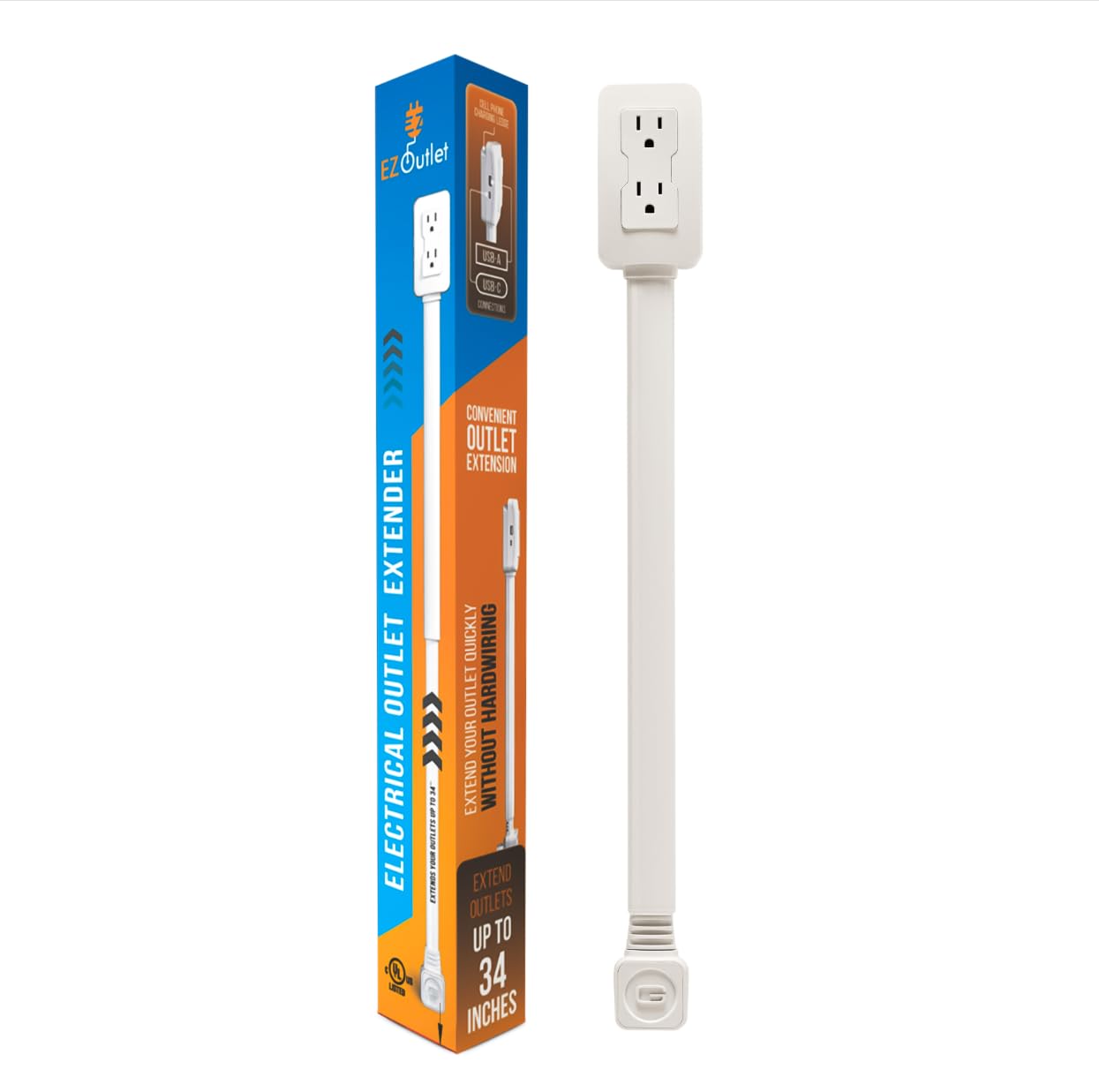 EZ Outlet Steckdosenleisten-Verlängerung. Greifen Sie auf schwer erreichbare Steckdosen zu! Mit USB-A, USB-C und 2 AC-Steckdosen, ausziehbar von 56-86 cm, um 180 Grad drehbar. Zur Verwendung hinter Sofas, Nachttischen, Schreibtischen und mehr.