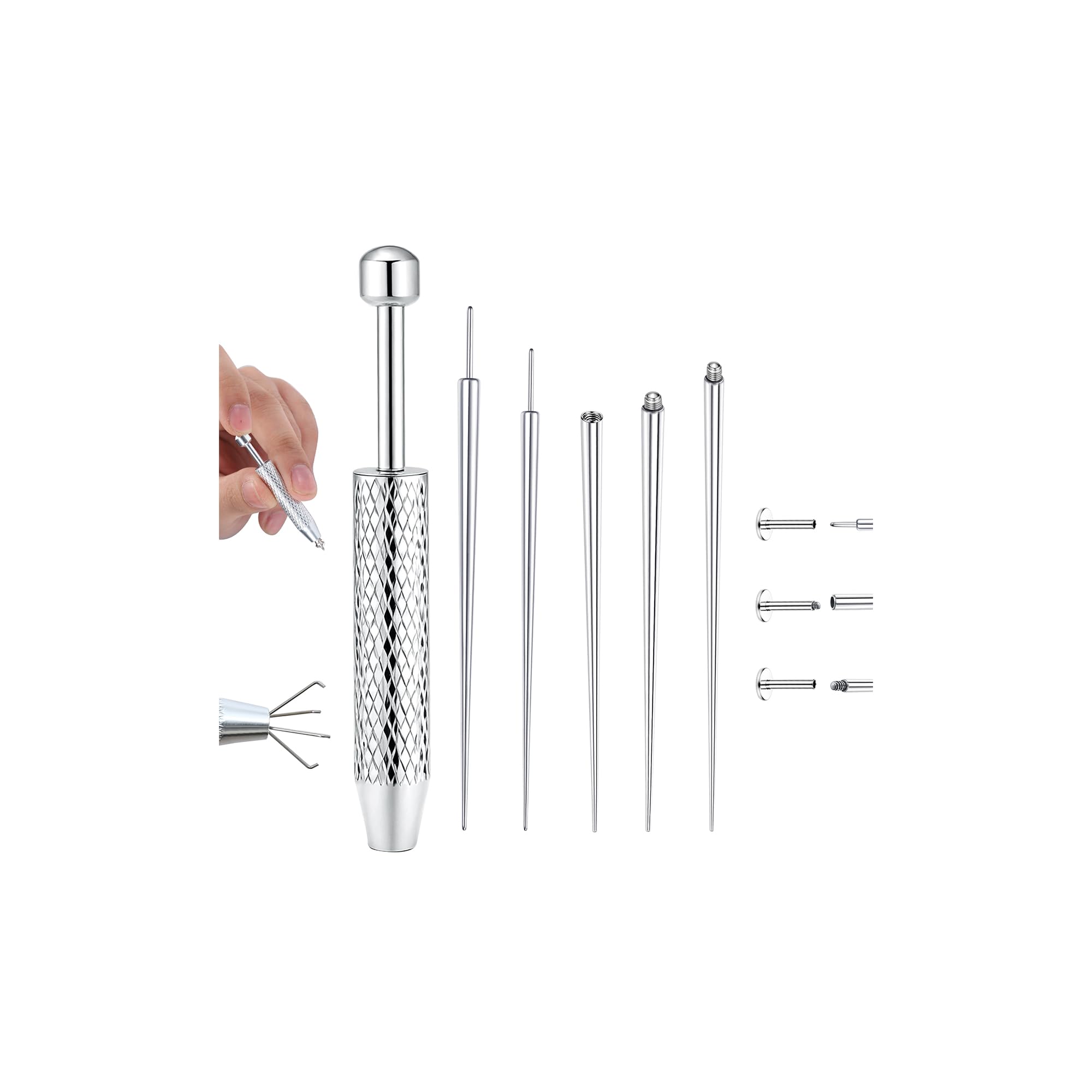 GEMQUEEN Piercing-Taper-Ball-Greifer-Wechselwerkzeug-Set – Flachrücken-Ohrring-Applikator-Werkzeug 16G 18G Edelstahl-Gewindeloses Einführungsstift-Gewinde-Assistenzwerkzeug Körperpiercing-Kit für Ohr, Nase, Lippe