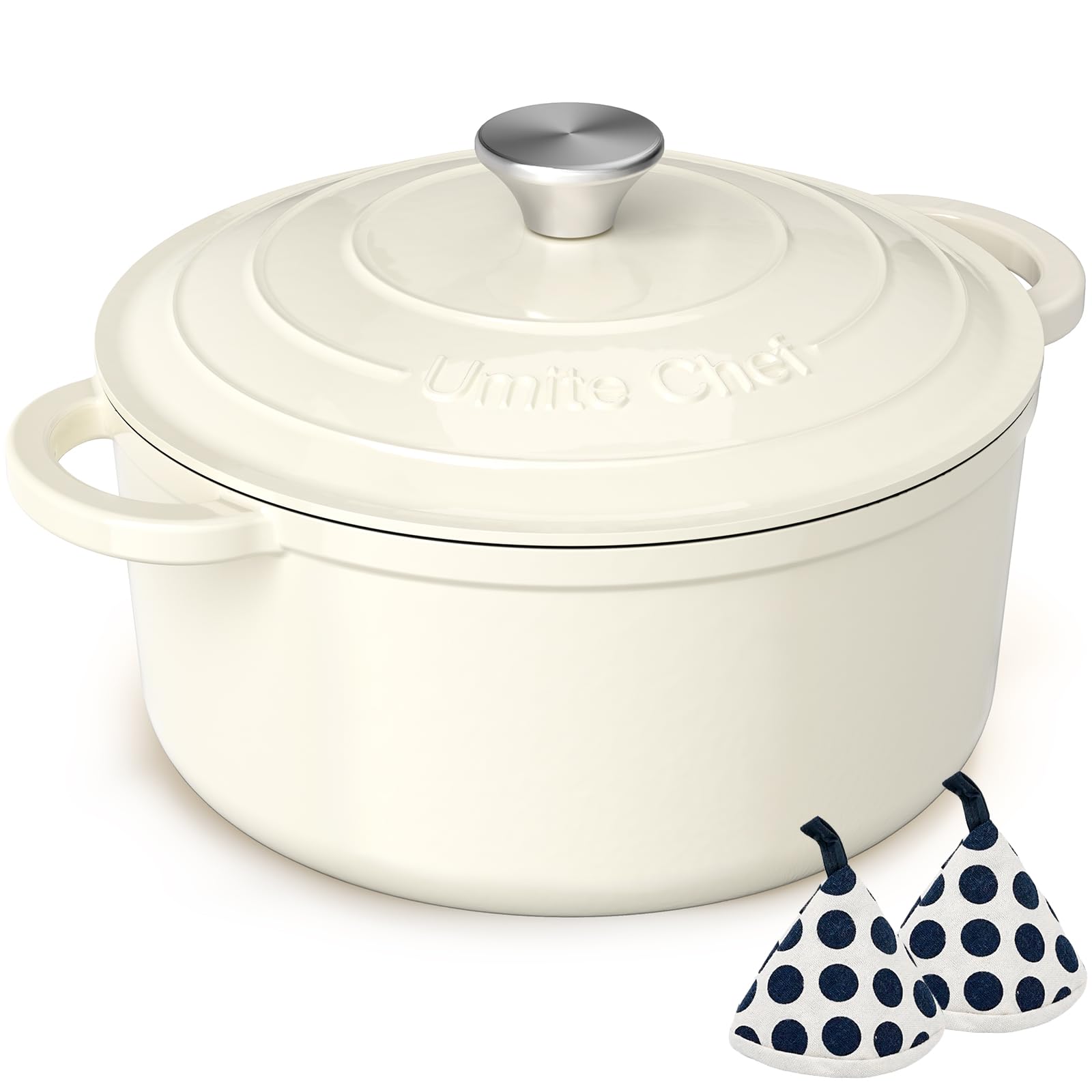Emaillierter gusseiserner Dutch Oven – Umite Chef 5-Liter-Topf mit Deckel und Topflappen aus Baumwolle – Hochleistungs-Kochgeschirr zum Brotbacken, Schmoren, für Eintöpfe und Braten (Cremeweiß)