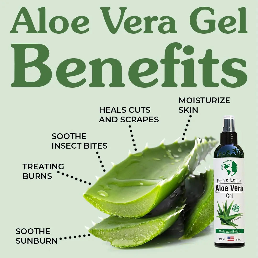 Earth's Daughter Organic Aloe Vera Gel from 100% Pure and Natural Cold Pressed Aloe - Great for Face - Hair - Acne - Sunburn - Bug Bites - Rashes - Eczema - 8 Oz.