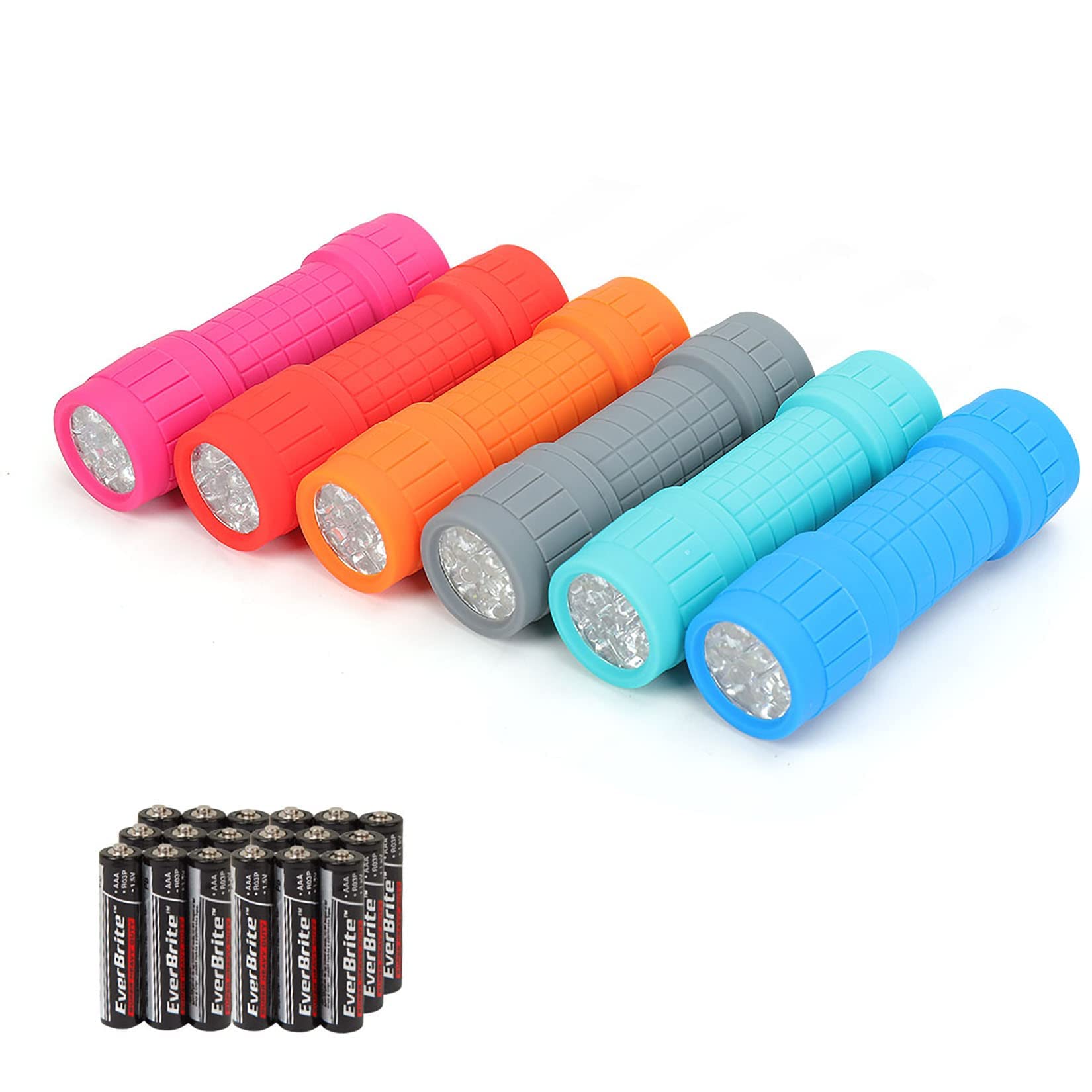 EverBrite 9-LED Taschenlampen 6er-Pack, schlagfest, Handfackel, verschiedene Farben mit Trageschlaufe, 3 AAA-Batterien enthalten (Hurrikan-Bedarf, Camping, Wandern, Notfall, Jagd)