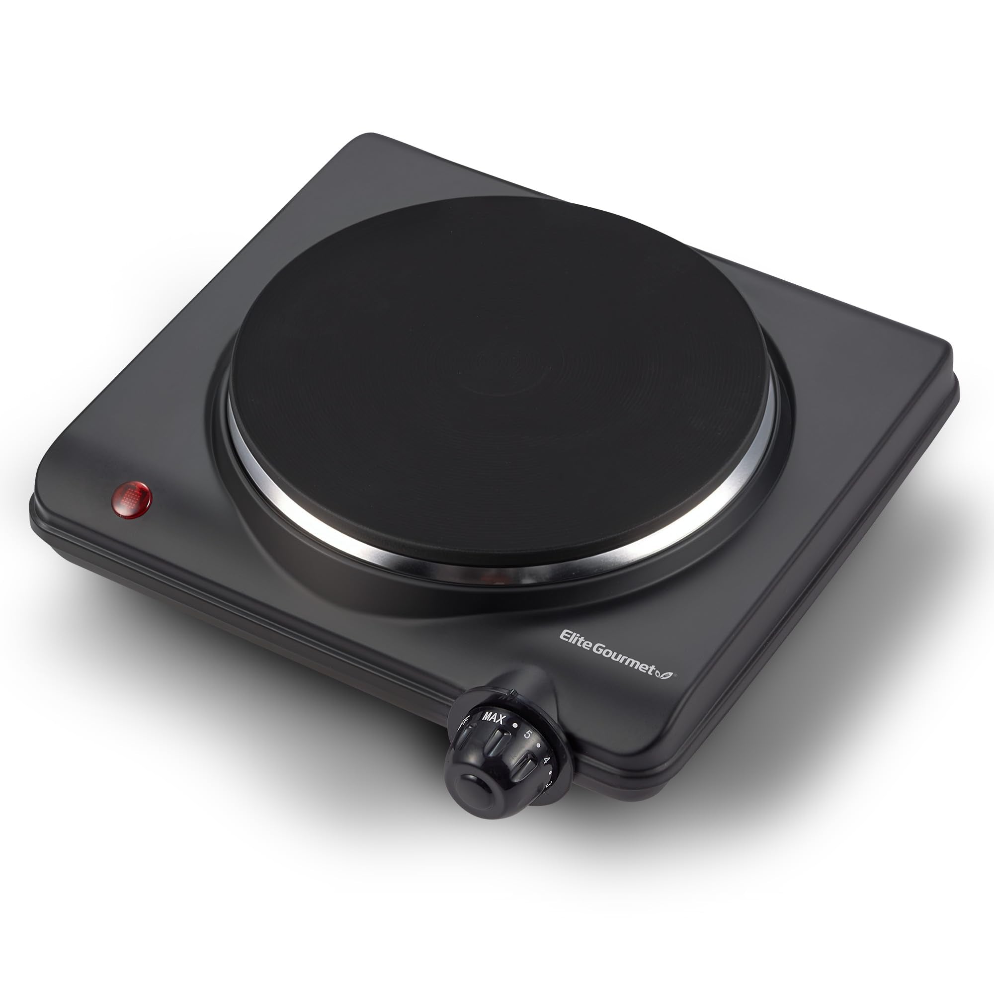Elite Gourmet ESB-301BF# Arbeitsplatten-Einzelkochplatte aus Gusseisen, 1000 Watt elektrische Kochplatte, Temperaturregler, Betriebsanzeigen, leicht zu reinigen, schwarz