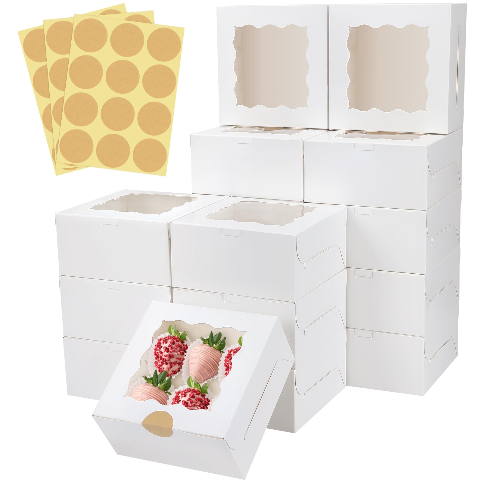 Colovis 30 Stück weiße Backboxen mit Fenster, 15 x 15 x 7,5 cm, weiße Karton-Gebäckschachteln für Kekse, Gebäck, Plätzchen, Erdbeeren, Macarons