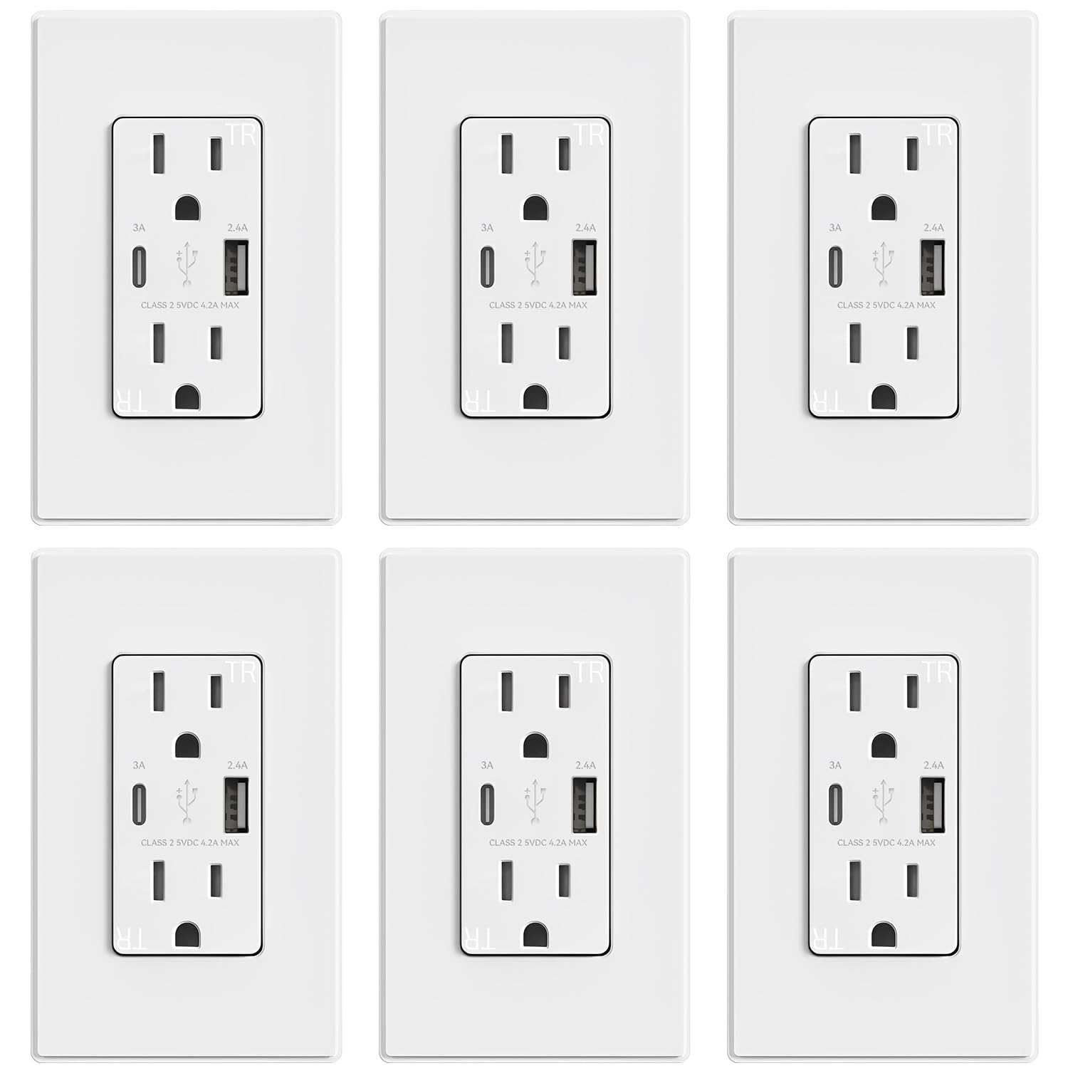 ELEGRP USB-Steckdosen, 15A Wandsteckdose mit USB-Anschlüssen, 21W USB-Steckdosen mit Typ-A- & Typ-C-Anschlüssen, manipulationssichere Steckdose, Wandplatte enthalten, UL-zertifiziert (6er-Pack, Mattweiß)