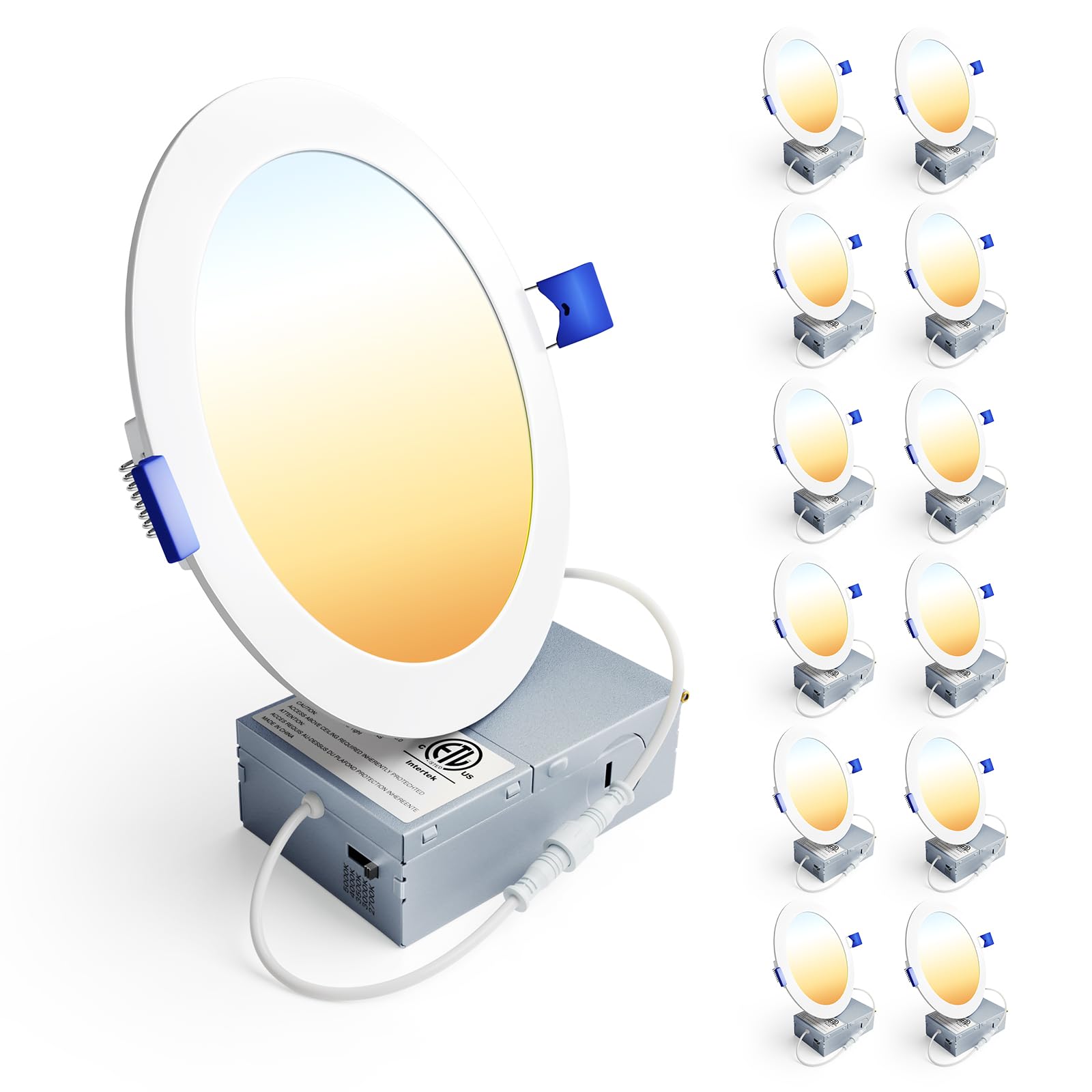 Ensenior 12 Pack 6 Inch LED Recessed Ceiling Light, Dimmable, 2700K-5000K 5CCT, 1200LM 12W 120V, High Brightness Canless Wafer Downlight - ETL&FCC&IC