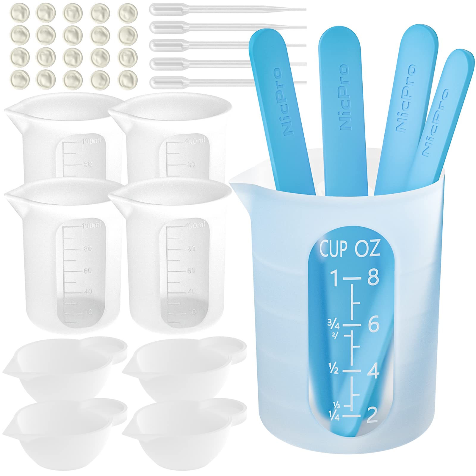 Silikonharz-Messbecher-Werkzeugset – Nicpro 250 & 100 ml Messbecher, Silikon-Rührstäbchen für Eis am Stiel, Pipetten, Fingerlinge zum Mischen von Epoxidharz, für Formen, Schmuckherstellung, Wachsen, leicht zu reinigen