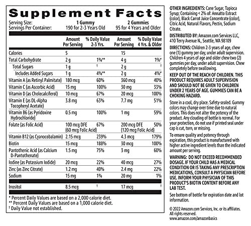 Amazon Basics Kids' Multivitamin, 190 Gummies, Orange, Cherry & Strawberry (Previously Solimo)