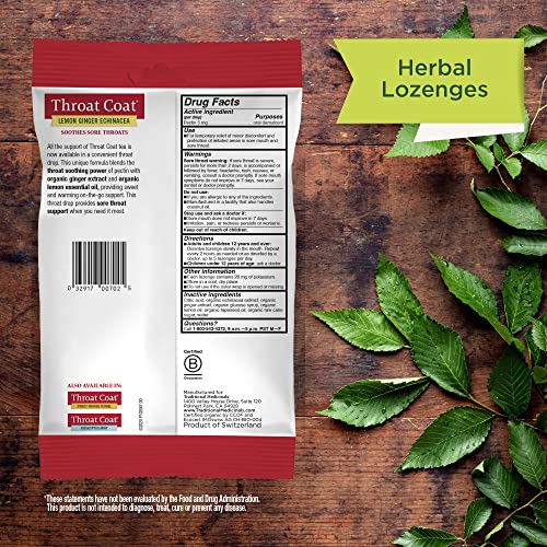 Traditional Medicinals Lozenges, Organic Throat Coat Lemon Ginger Echinacea, Sore Throat Support, 16 Individually Wrapped Lozenges