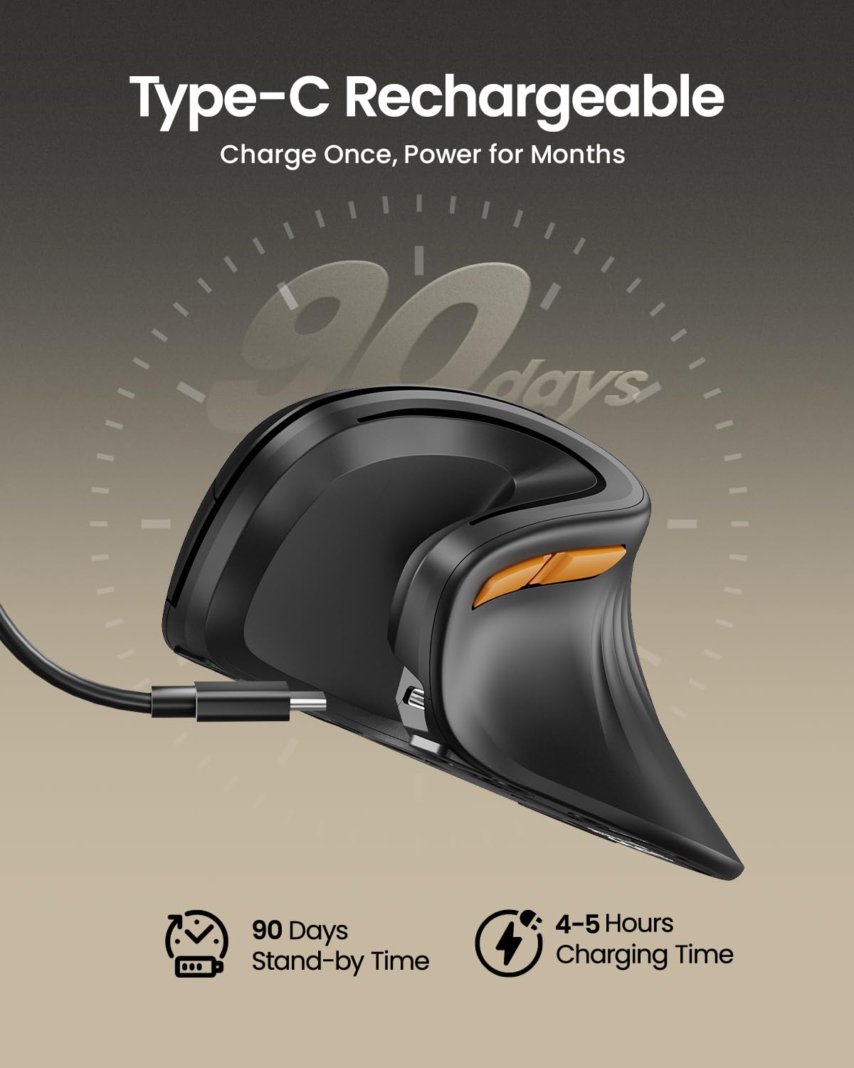 ProtoArc Ergonomic Mouse, EM11 NL Bluetooth Rechargeable Wireless Vertical Mouse, 3 Multi-Device Connectivity for Computer/PC/Laptop, 2.4GHz Optical Mice for Windows, Mac OS, Black