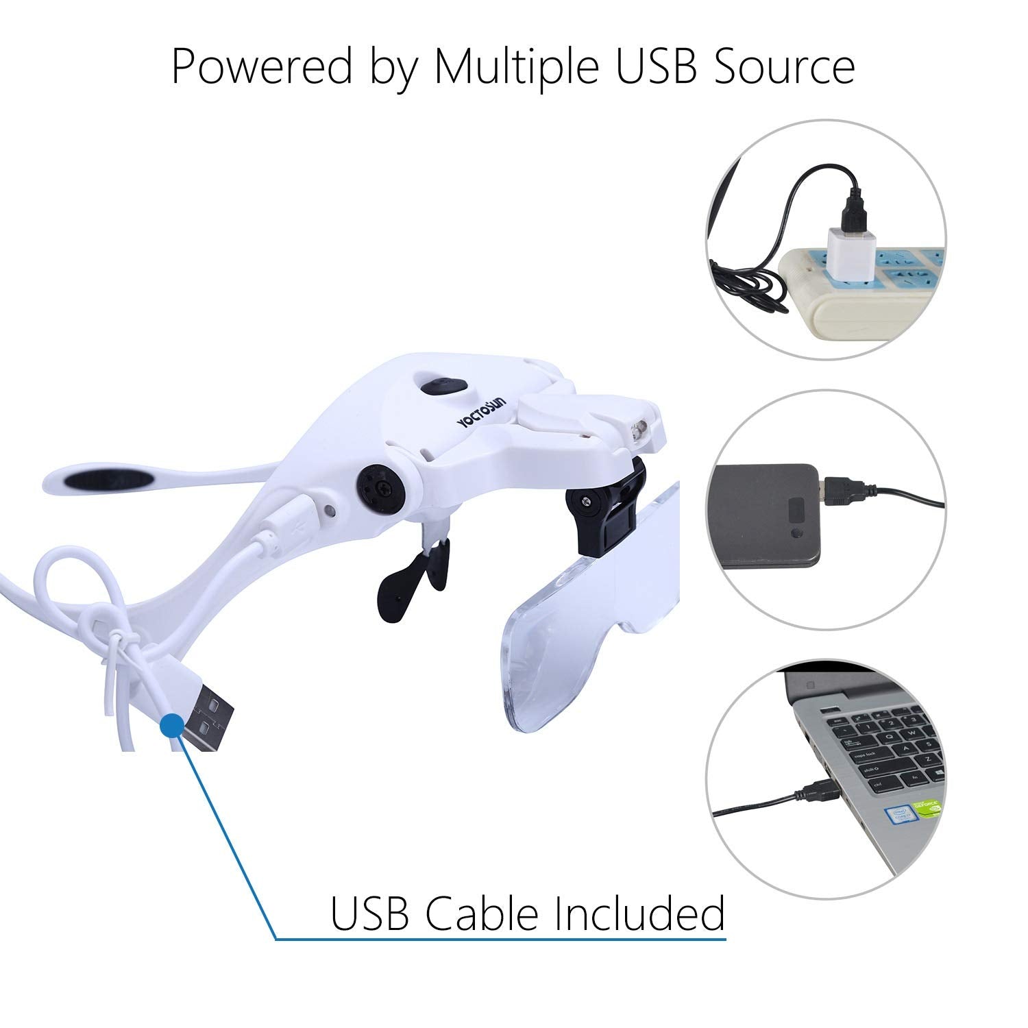 YOCTOSUN LED Head Magnifier, Rechargeable Hands Free Headband Magnifying Glasses with 2 Led, Professional Jeweler's Loupe Light Bracket and Headband are Interchangeable