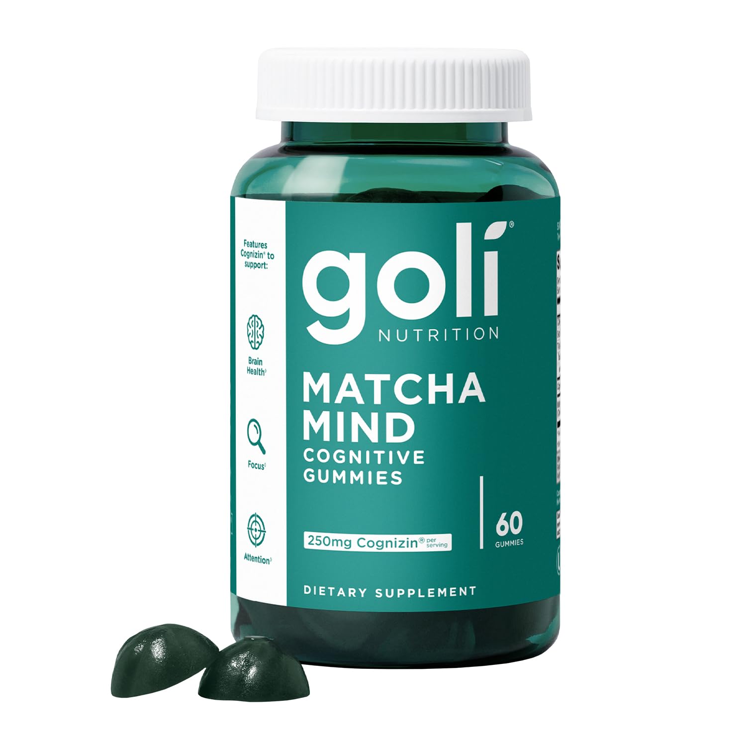 Goli Matcha Mind Gummies – 60 Stück – Grünteeblätterpulver mit Cognizin für Konzentration, Aufmerksamkeit und Gehirnfunktion, vegan, gentechnikfrei, glutenfrei und gelatinefrei.