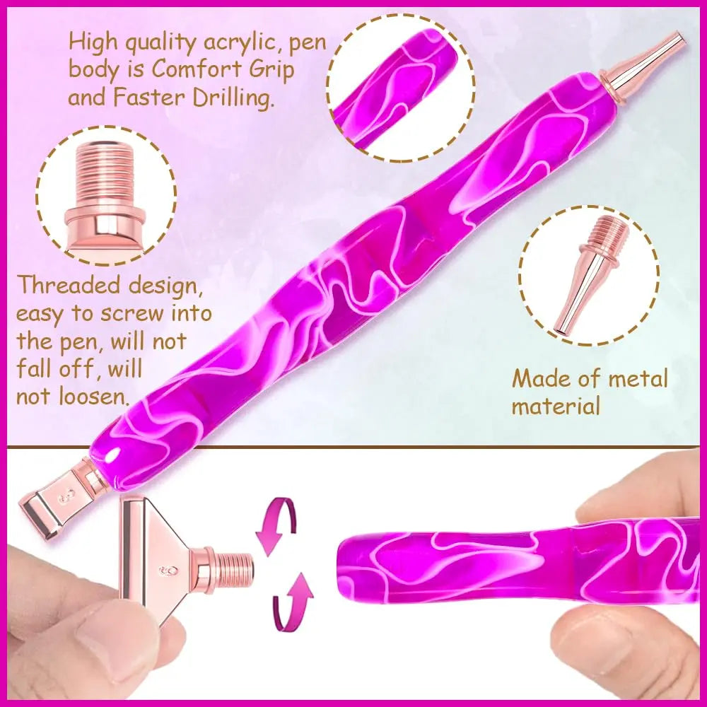 Praise V Do Ergonomic Diamond Painting Art Drill Bead Dot Pen Kit with Screw Steel Silver Metal Tip Nibs Placers Roller Tool Accessories for 5D Diamond Paint Purple