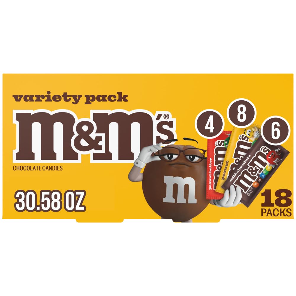 M&M's Milk Chocolate, Peanut & Peanut Butter Full Size Schokoladen-Halloween-Süßigkeiten-Sortiment für Trick or Treat Geschenke – 18 Stück Großpackung Pralinenbox