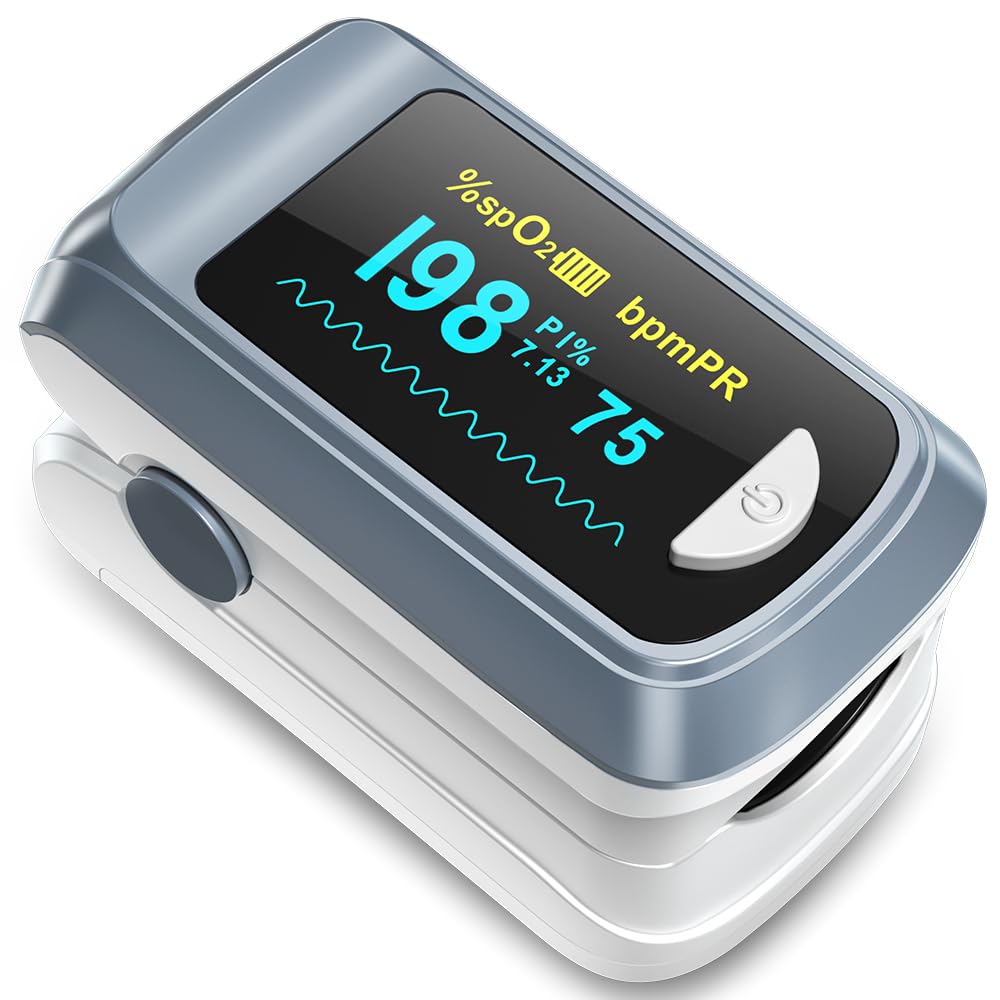 Fingertip-Pulsoximeter, Blutsauerstoffsättigungsmonitor, Pulsox, Herzfrequenz- und schnelle Spo2-Messung, Sauerstoffmessgerät mit OLED-Bildschirm, inklusive Umhängeband und 2 AAA-Batterien