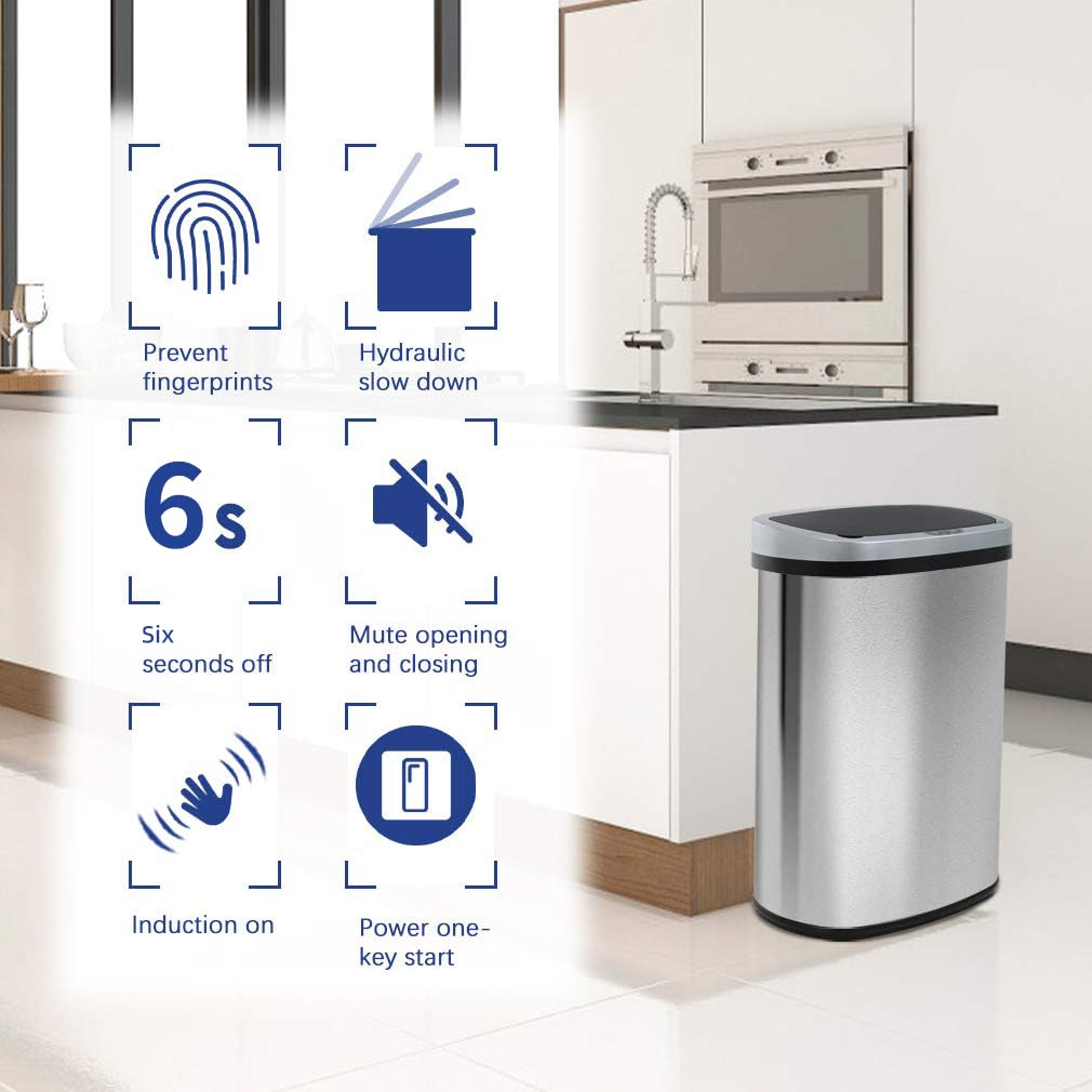 Kitchen Trash Can with Lid, 13 Gallon Automatic Garbage Can for Bathroom Bedroom Home Office 50 Liter Touch Free High-Capacity Brushed Stainless Steel Waste Bin